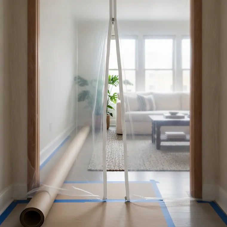 A doorway sealed with plastic sheeting and a zip closure, with floor protection running along the hallway outside it