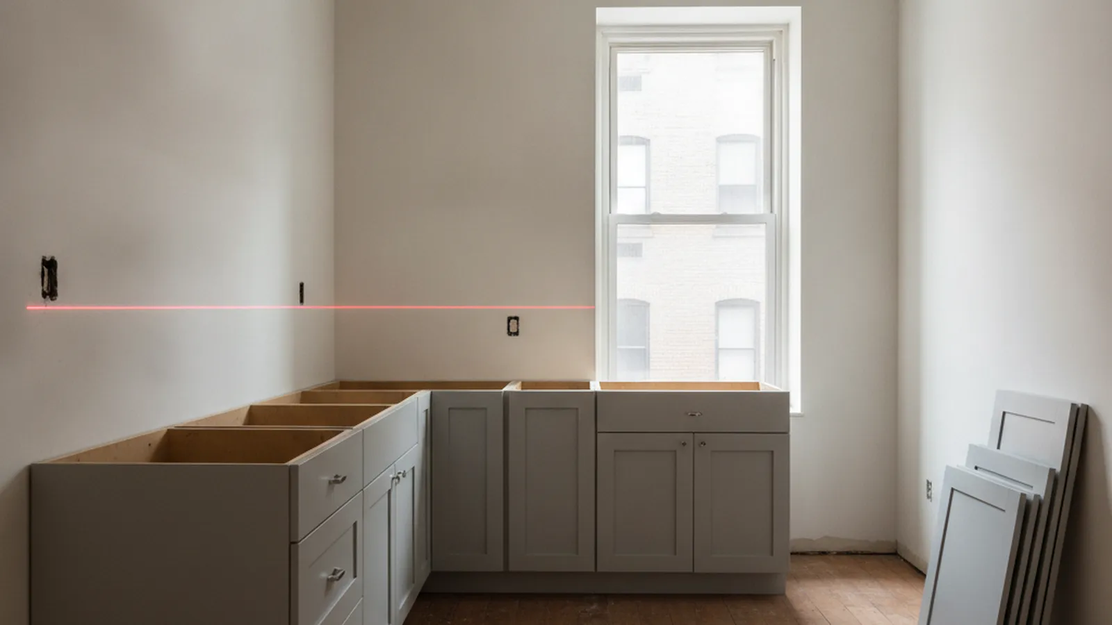 a New York apartment kitchen with new base cabinets installed and no worktop yet, a laser level line across the wall and cabinet doors leaning against the far wall